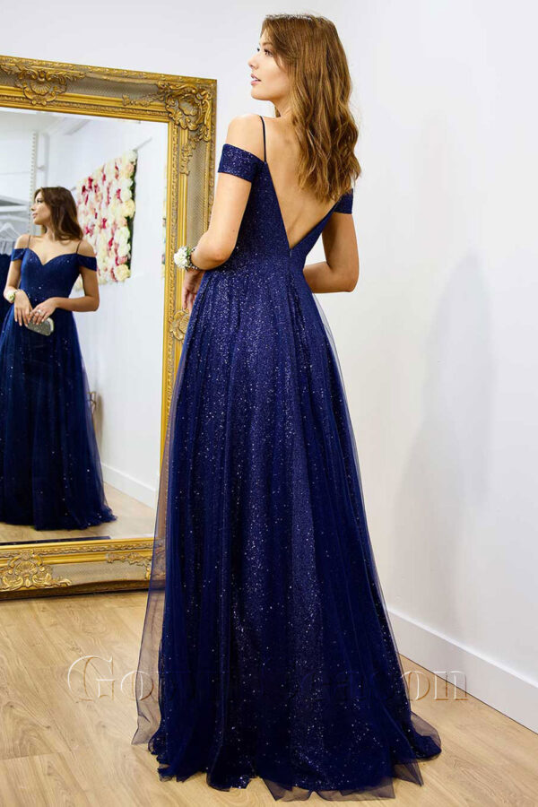 Dark Blue Sequins Evening Gown with Pockets