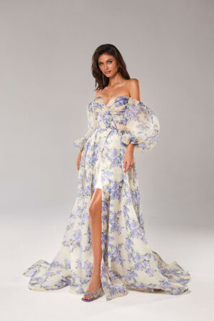 Corset Bodice Hydrangea Floral Print Lace-up Prom Dress